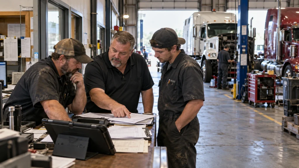 Diesel repair shop manager reviewing work orders and technician productivity with mechanics in a heavy-duty truck repair facility.