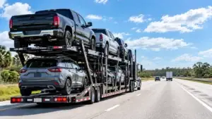 Multi-level auto transport carrier hauling pickup trucks and SUVs on a Florida highway in bright daytime conditions.