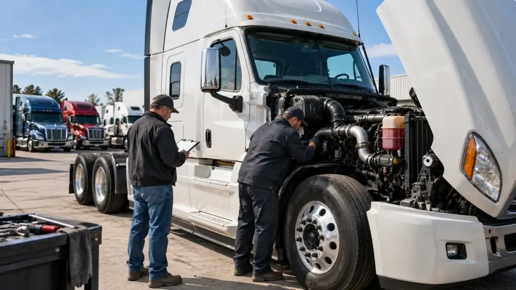 Diesel technicians inspecting a heavy-duty truck engine during fleet maintenance in preparation for new PC-12 engine oil requirements.