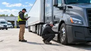 Fleet technician checking semi-truck tire pressure during a daytime inspection while a fleet manager records maintenance data to improve fuel economy and reduce operating costs.