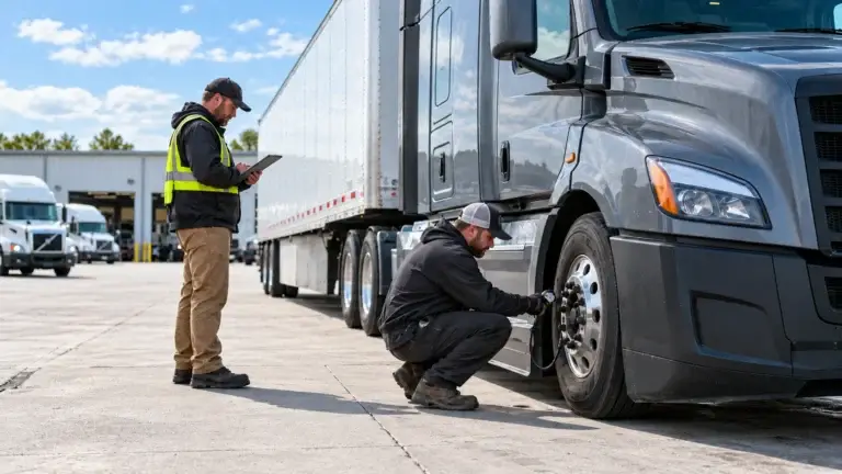 Fleet technician checking semi-truck tire pressure during a daytime inspection while a fleet manager records maintenance data to improve fuel economy and reduce operating costs.