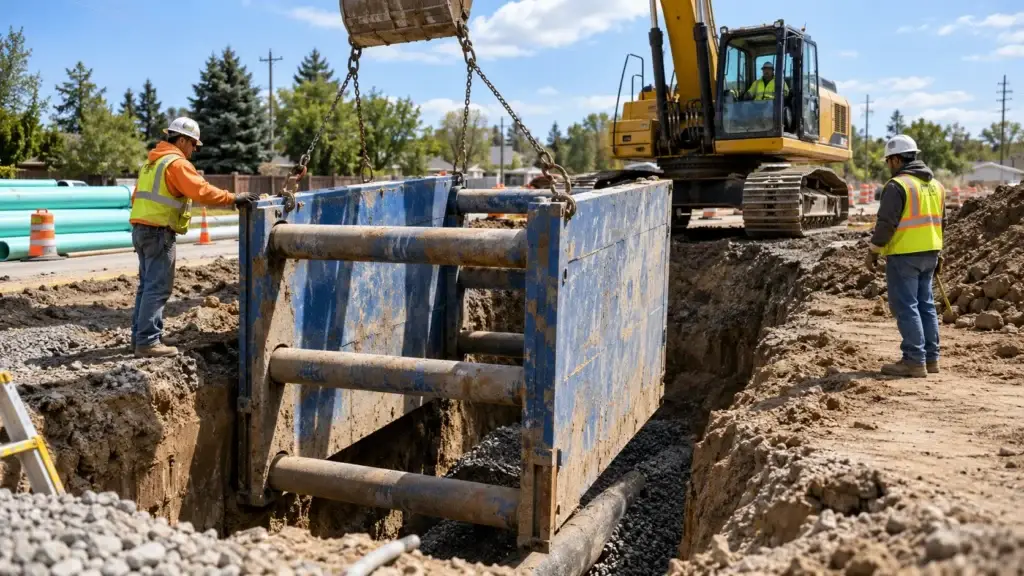 Construction crew guiding a steel trench box into an excavation with an excavator at an active utility worksite, illustrating trench shielding and excavation safety.